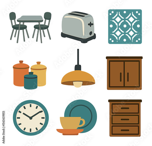 Retro Kitchen Icons. Solid, filled icons set of classic retro kitchen decor: Formica table, chrome chairs,