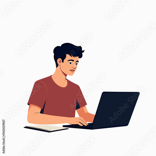 Illustration of a Young Man Working on a Laptop Computer with a Notebook Nearby, Concentrating on His Work