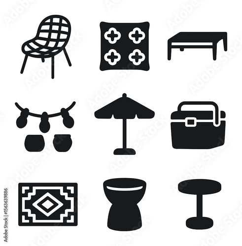 Retro Patio Icons. Solid, filled icons set of outdoor retro patio: wire lounge chair, patterned cushion, low