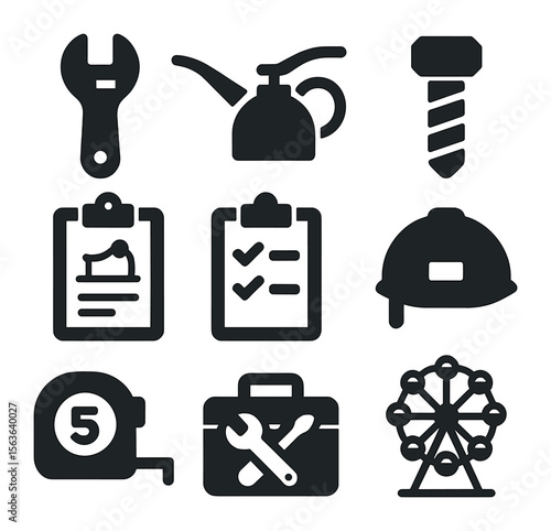 Amusement Ride Tools Icons. Solid, filled icons set of amusement ride maintenance tools: adjustable wrench,