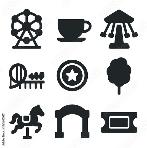 Carnival Ride Icons. Solid, filled icons set of carnival ride symbols: Ferris wheel, spinning teacup, swing