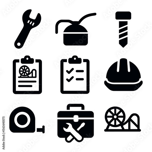 Amusement Ride Tools Icons. Solid, filled icons set of amusement ride maintenance tools: adjustable wrench,