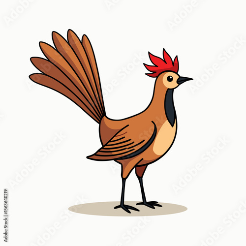 Cartoon Illustration of a Brown Pheasant with Red Crest Standing on White Background