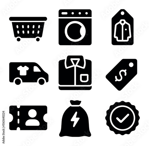 Laundry Services Icons. Solid, filled icons set of commercial laundry services: industrial basket, large