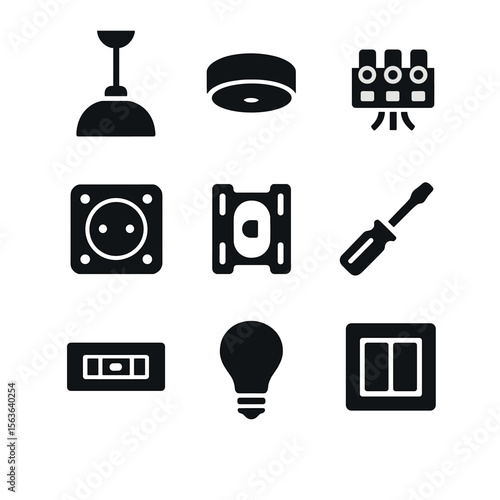 Kitchen Light Icons. Solid, filled icons set of kitchen pendant light installation: hanging pendant light,
