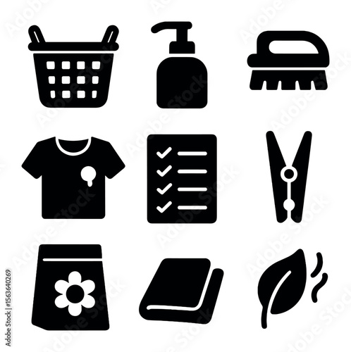 Laundry Accessories Icons. Solid, filled icons set of laundry day accessories: basket with handles, soap