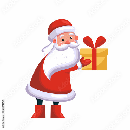 Santa Claus or Russian Father Frost gives gift. Vector illustration for New Year. Cartoon style character.