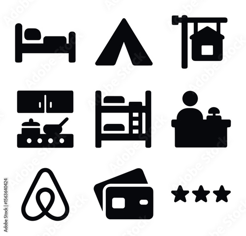 Budget Accommodation Icons. Solid, filled icons set of budget-friendly accommodations: hostel bed, tent icon,