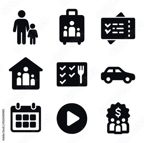 Family Vacation Planning Icons. Solid, filled icons set of family budget vacation planning: parent and child,