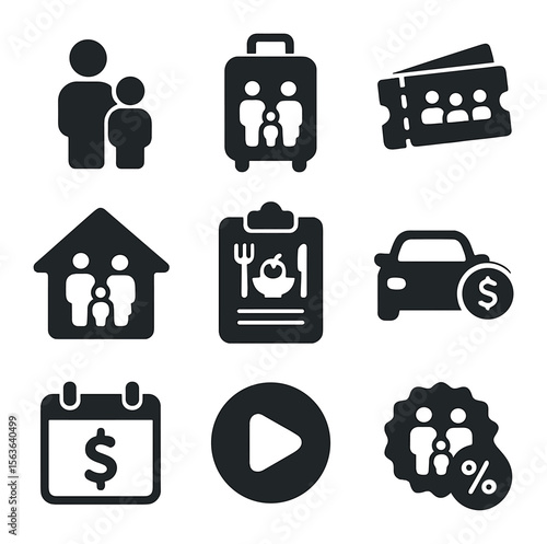 Family Vacation Planning Icons. Solid, filled icons set of family budget vacation planning: parent and child,
