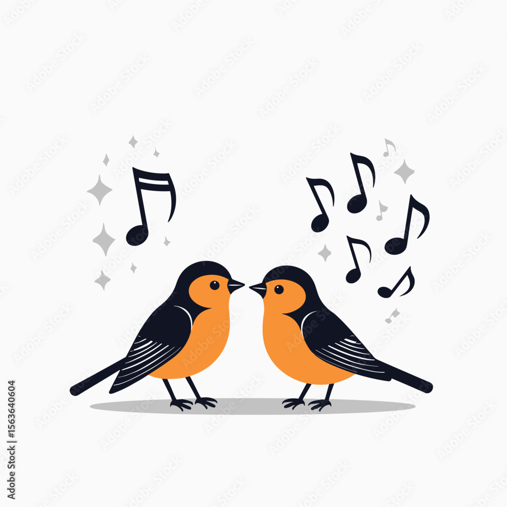 Fototapeta premium Two Cute Cartoon Birds Singing a Duet with Musical Notes and Sparkling Accents Illustration