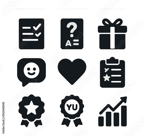 Engagement Tools Icons. Solid, filled icons set of attendee engagement tools: poll icon, trivia question,