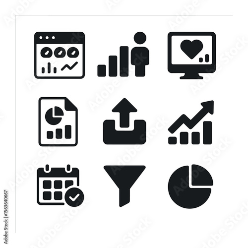 Event Analytics Icons. Solid, filled icons set of event analytics and reporting: data dashboard, attendance