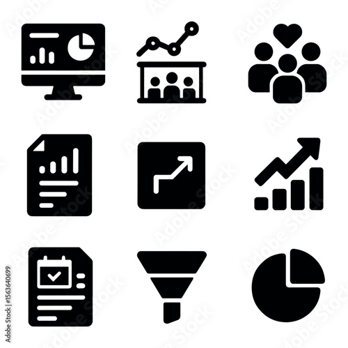 Event Analytics Icons. Solid, filled icons set of event analytics and reporting: data dashboard, attendance