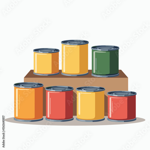 Colorful Canned Goods Illustration Featuring an Assortment of Food Cans in Various Colors and Sizes