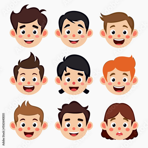 Collection of Cartoon Boy and Girl Faces with Various Hairstyles and Expressions, Vector Illustration