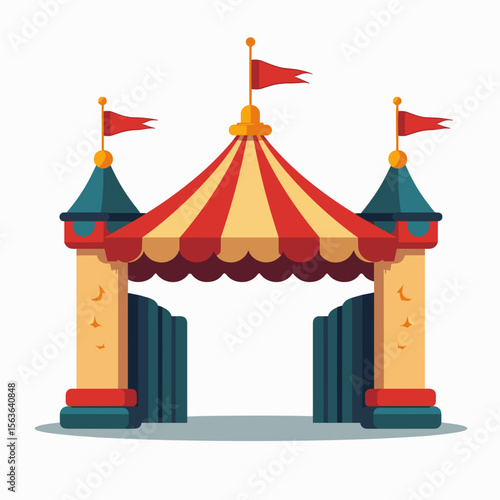 Colorful Circus Entrance Gate Illustration with Striped Awning and Flags, Vector Design