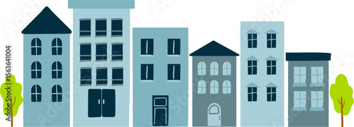 Modern and Cute Apartment Buildings and Landscape Tree Vector Illustration - Suburban Urban Background Elements