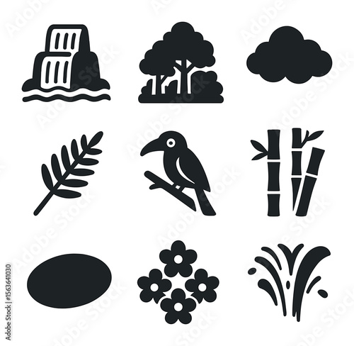 Tropical Waterfall Icons. Solid, filled icons set of lush river cascades: multi-tiered waterfall, dense