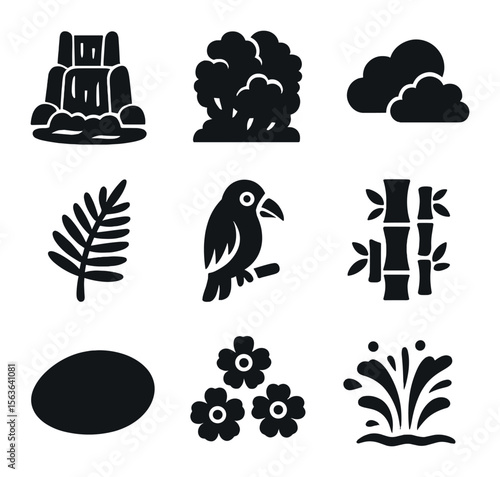 Tropical Waterfall Icons. Solid, filled icons set of lush river cascades: multi-tiered waterfall, dense