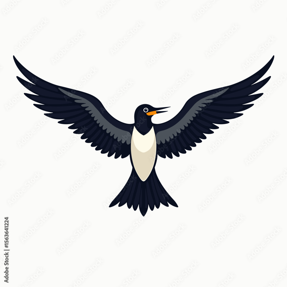 Naklejka premium Stylized Illustration of a Black and White Bird in Flight with Wings Spread Wide