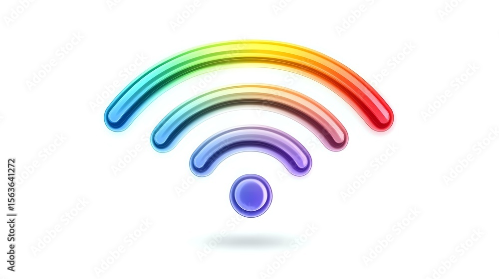 Fototapeta premium Colorful rainbow gradient wifi symbol with neon glow effect on white background, modern wireless technology concept for digital connectivity designs.