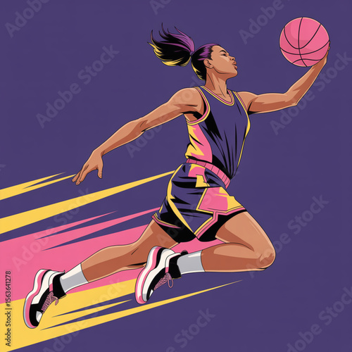  Female Basketball Player Slam Dunking in Bold Streetwear