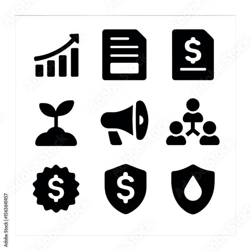 Modern Icon Grid Sets. Solid, filled icons set of independent business growth: upward graph, invoice document,