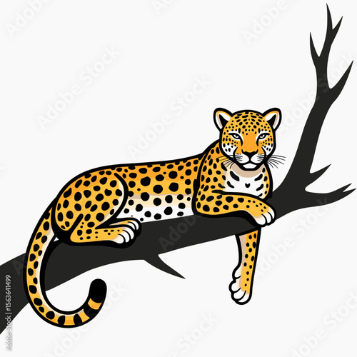 Illustration of a Jaguar Resting on a Tree Branch with Black Spots and a White Background