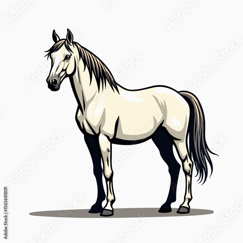 Elegant White Horse Standing Calmly in a Vector Illustration Style with Detailed Shading and Black Accents