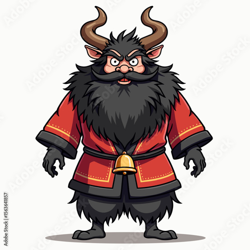 Cartoon Illustration of a Mischievous Minotaur Character with Horns, Beard, and Red Coat