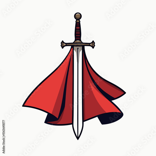 Stylized Sword with Red Cape Illustration, Fantasy Weapon and Heroic Symbol, Decorative Design