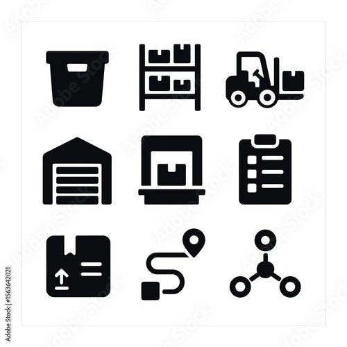 Warehousing Icon Set. Solid, filled icons set of warehousing and distribution centers: storage bin, racking