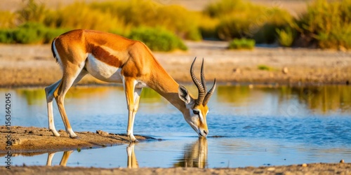 A graceful antelope quenches its thirst at a tranquil watering hole, its reflection mirrored in the still water, bathed in the warm glow of the setting sun.
