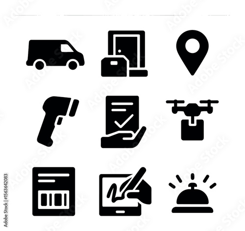 Tech Delivery Icons. Solid, filled icons set of last mile delivery for tech: delivery van, doorstep package,