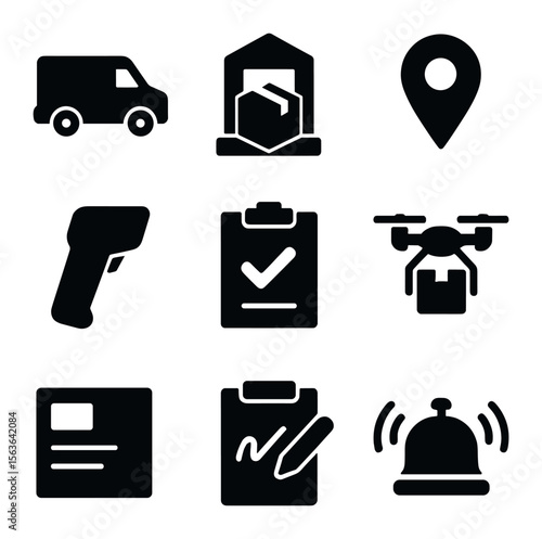 Tech Delivery Icons. Solid, filled icons set of last mile delivery for tech: delivery van, doorstep package,
