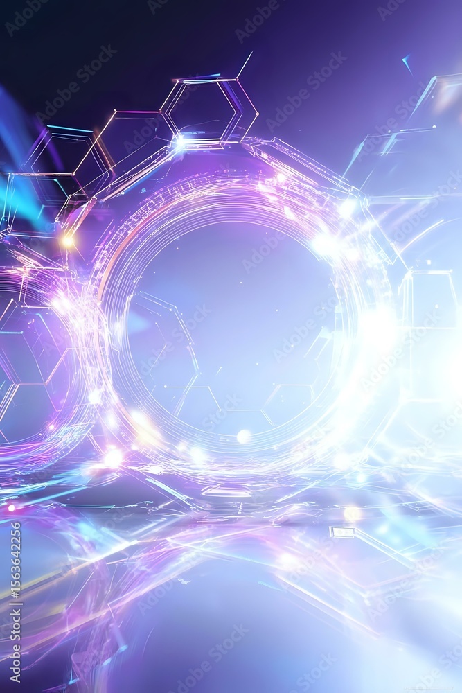 Obraz premium Glowing molecular structures and hexagonal shapes create futuristic portal effect with purple and blue light streams against dark background, suitable for tech concepts.