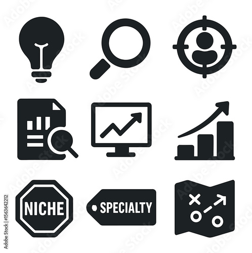 Consulting Icon Set. Solid, filled icons set of consulting niche development: lightbulb idea, magnifying glass