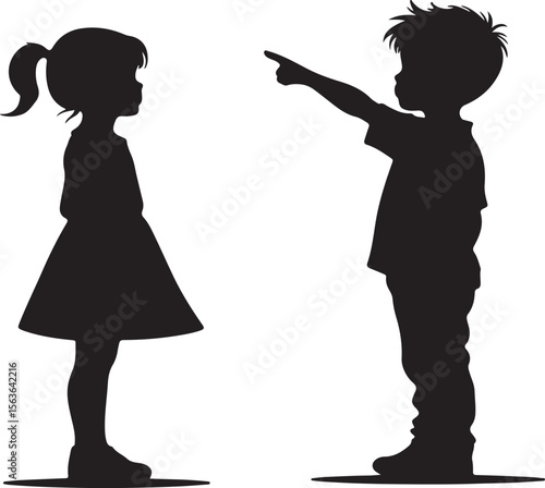 Boy pointing at girl silhouette black and white