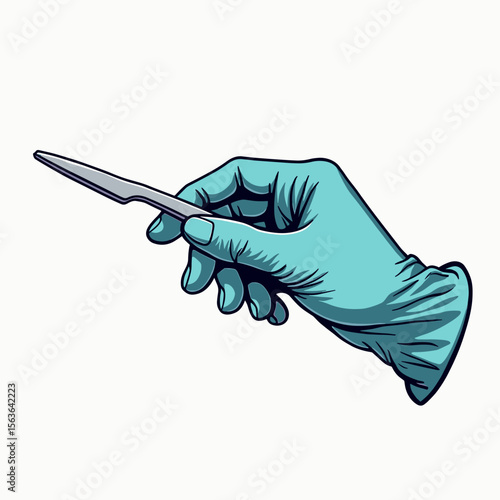 Illustration of a Hand in Blue Glove Holding a Scalpel for Medical or Surgical Purposes