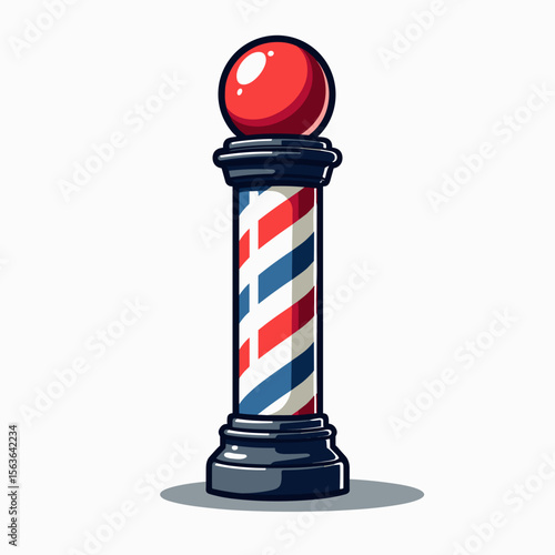 Classic Barber Pole Illustration with Red, White, and Blue Stripes and a Red Sphere on Top