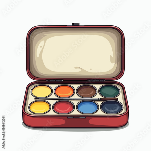 Illustration of a Red Watercolor Paint Box with Eight Colors and a Brush, Art Supplies