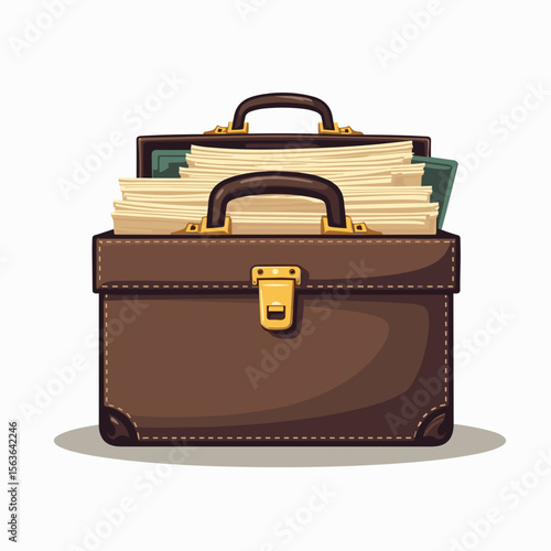 Overstuffed Brown Leather Briefcase with Documents and Files Illustration, Business and Work Concept