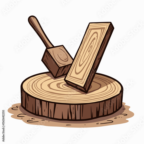 Cartoon Illustration of a Wooden Mallet and Board on a Tree Stump, Carpentry and Woodworking
