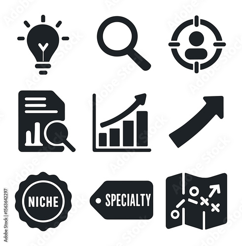 Consulting Icon Set. Solid, filled icons set of consulting niche development: lightbulb idea, magnifying glass