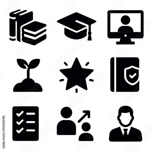 Personal Development Icons. Solid, filled icons set of personal development for consultants: book stack,