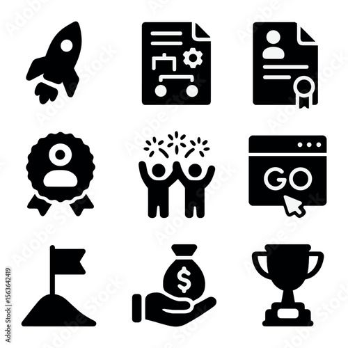 Consulting Launch Icons. Solid, filled icons set of consulting business launch: rocket icon, business plan,
