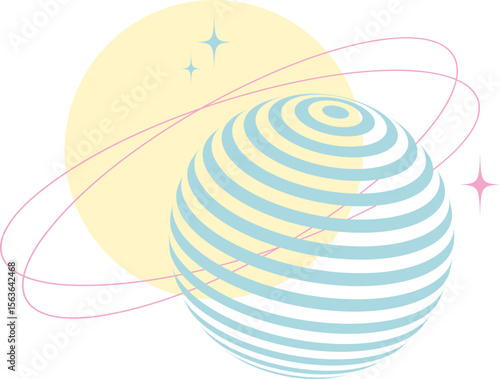 Striped abstract planet with orbit rings and glowing stars – modern space vector illustration