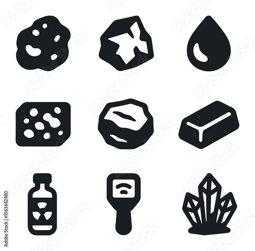 Rare Space Resources Icons. Solid, filled icons set of rare space resources: platinum nugget, gold fragment,