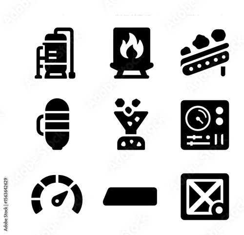 Asteroid Processing Icons. Solid, filled icons set of asteroid resource processing: refinery module, smelting